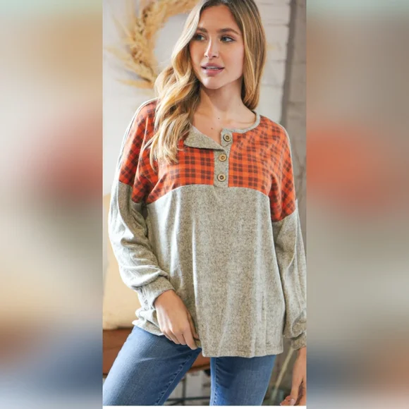 Plus Plaid Button Henley Hacci Top - Picture 1 of 2